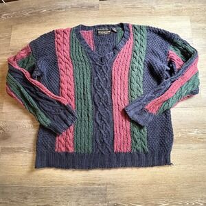 New River Sweater Mens Large Navy Green Pink Cable Knit V-Neck Vintage 90s
